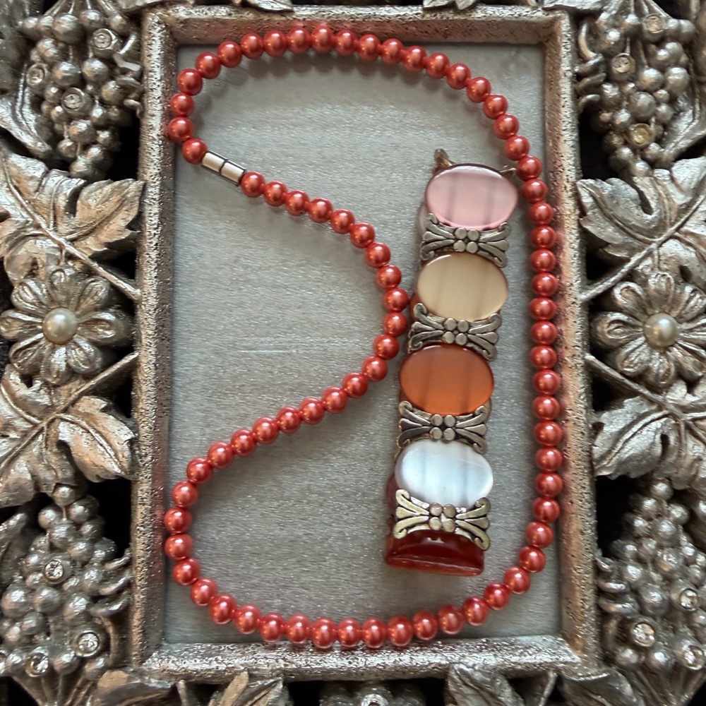 Magnetic-Link Orange Agate Bead Necklace16”& Silver Tone Moon Glow Bracelet